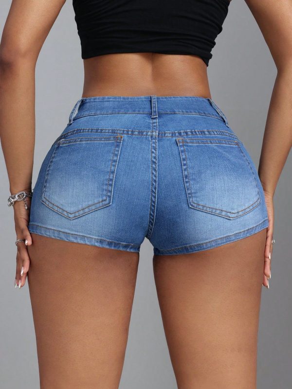 Women's Mid Waist Beaded Denim Shorts - Image 4