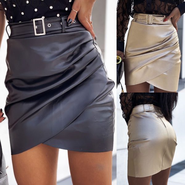 Metallic Asymmetric Zipper Leather Skirt - Image 2