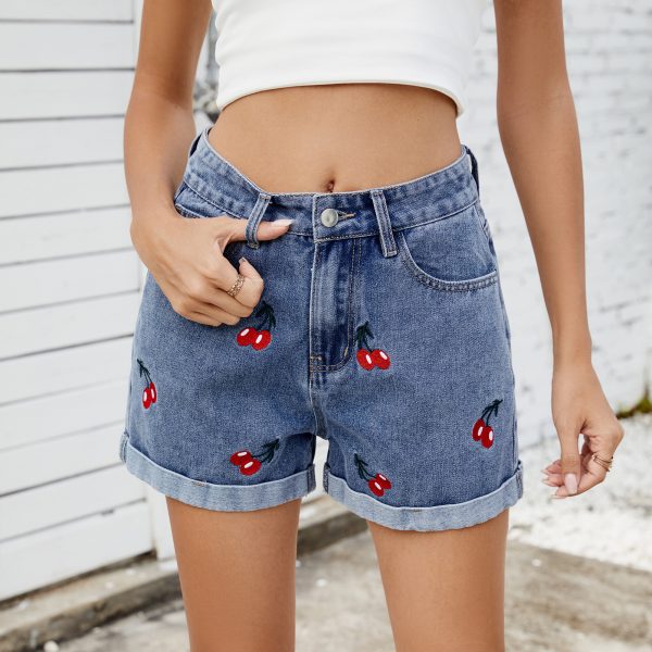 Women's Cherry Embroidered Denim Shorts - Image 2