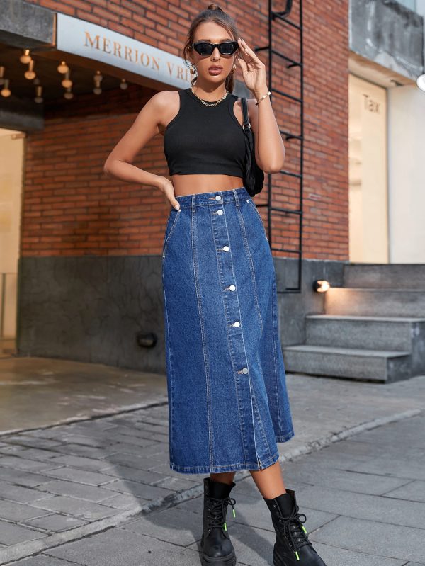 High-Waist Button Split Denim Skirt - Image 3