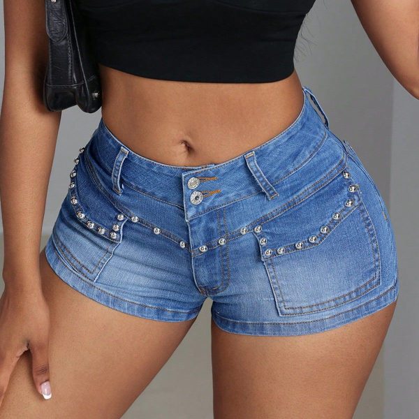 Women's Mid Waist Beaded Denim Shorts