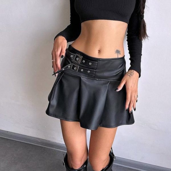 Sexy Punk Pleated Faux Leather Skirt - Image 2