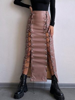 Spring Faux Leather Lace-Up Skirt