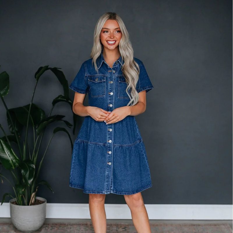 Casual Collared Denim Dress - Image 3