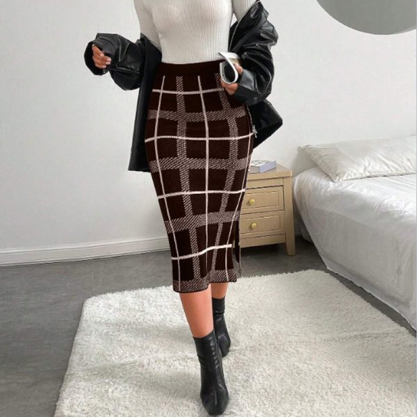 Elastic High-Waist Plaid Slit Skirt - Image 3