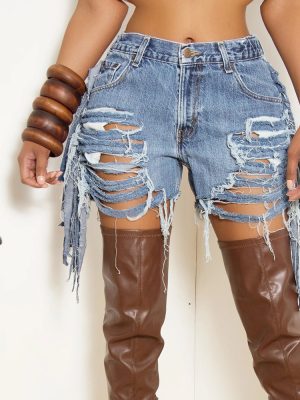 Women’s High Waist Ripped Tassel Shorts