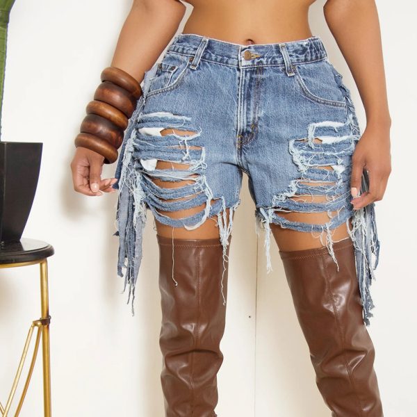 Women's High Waist Ripped Tassel Shorts