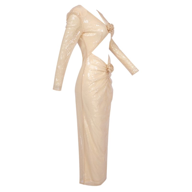 Spring Summer Women Clothing Apricot Long Sleeve Three Dimensional Floral Beaded Dress - Image 3