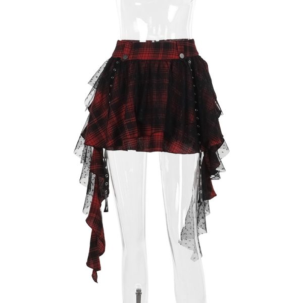 Black Plaid Mesh Asymmetrical Skirt - Image 3