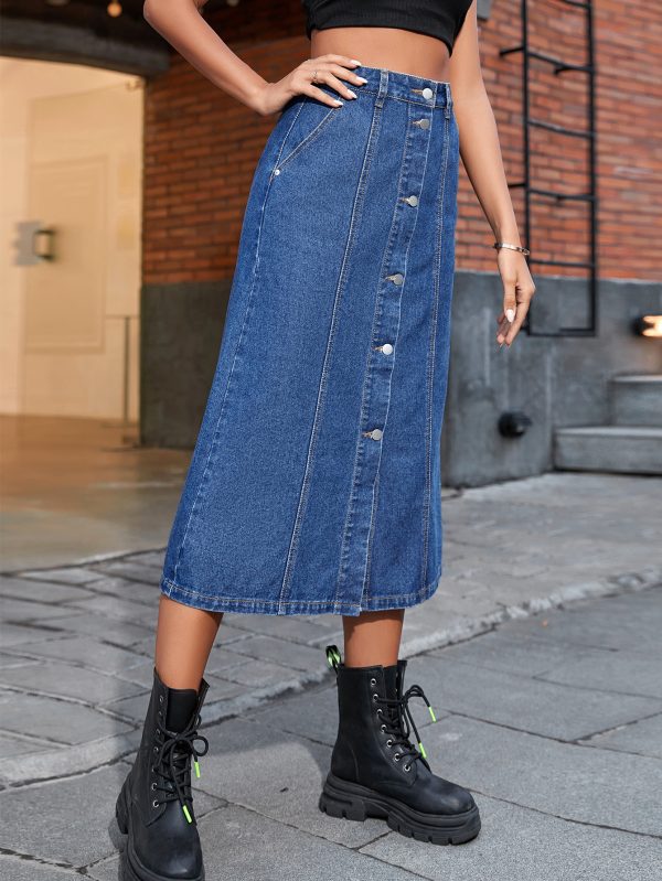 High-Waist Button Split Denim Skirt - Image 2