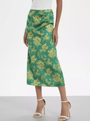 Printed High-Waist Pleated Split Skirt