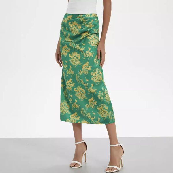 Printed High-Waist Pleated Split Skirt