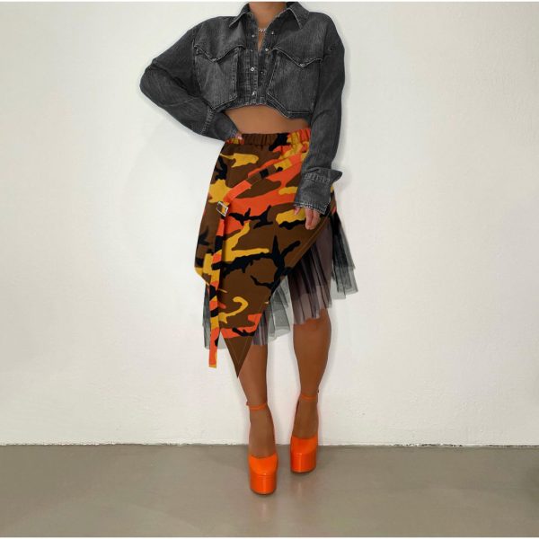 Casual Camouflage Mesh Asymmetric Skirt - Image 2