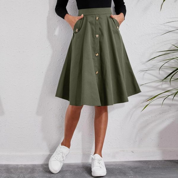 Elegant Button Pocket Midi Skirt - Image 2