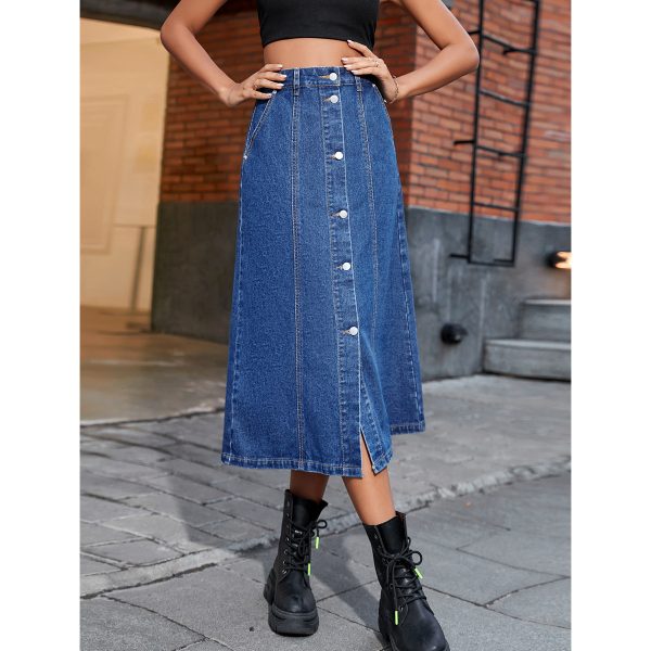 High-Waist Button Split Denim Skirt