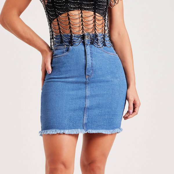 Summer Slim Fit Frayed Denim Skirt - Image 3