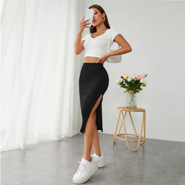 Elastic Waist Slit Bodycon Skirt - Image 4