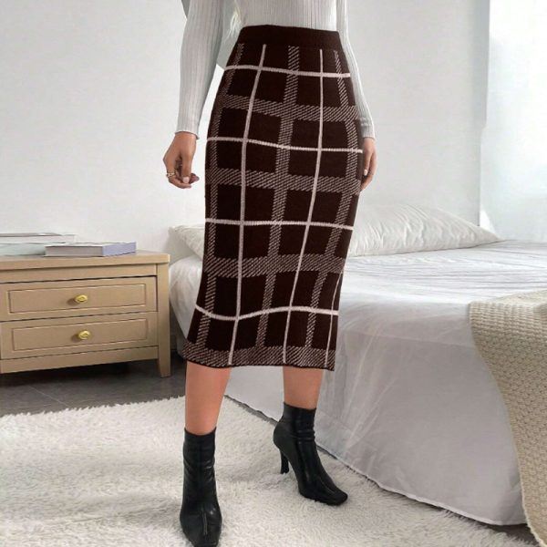 Elastic High-Waist Plaid Slit Skirt - Image 4