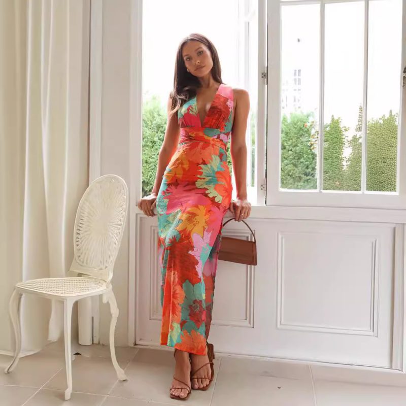 Casual V-Neck Printed Midi Dress - Image 2