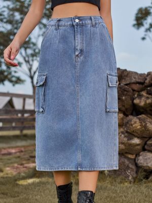 Washed Denim Midi Skirt for Work