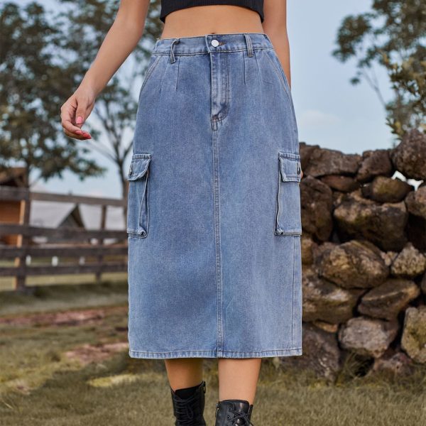 Washed Denim Midi Skirt for Work