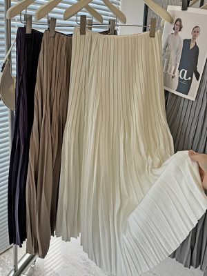 Spring High-Waist Pleated Midi Skirt