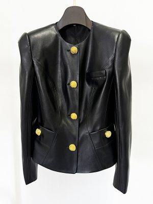 Women’s Slim Leather Jacket with Snail Buttons