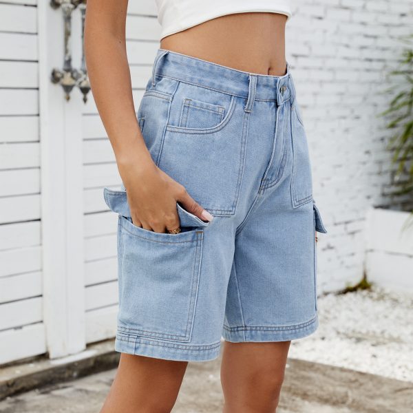 Women's Washed Denim Overall Shorts - Image 2