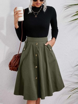 Elegant Button Pocket Midi Skirt