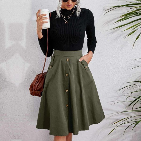 Elegant Button Pocket Midi Skirt