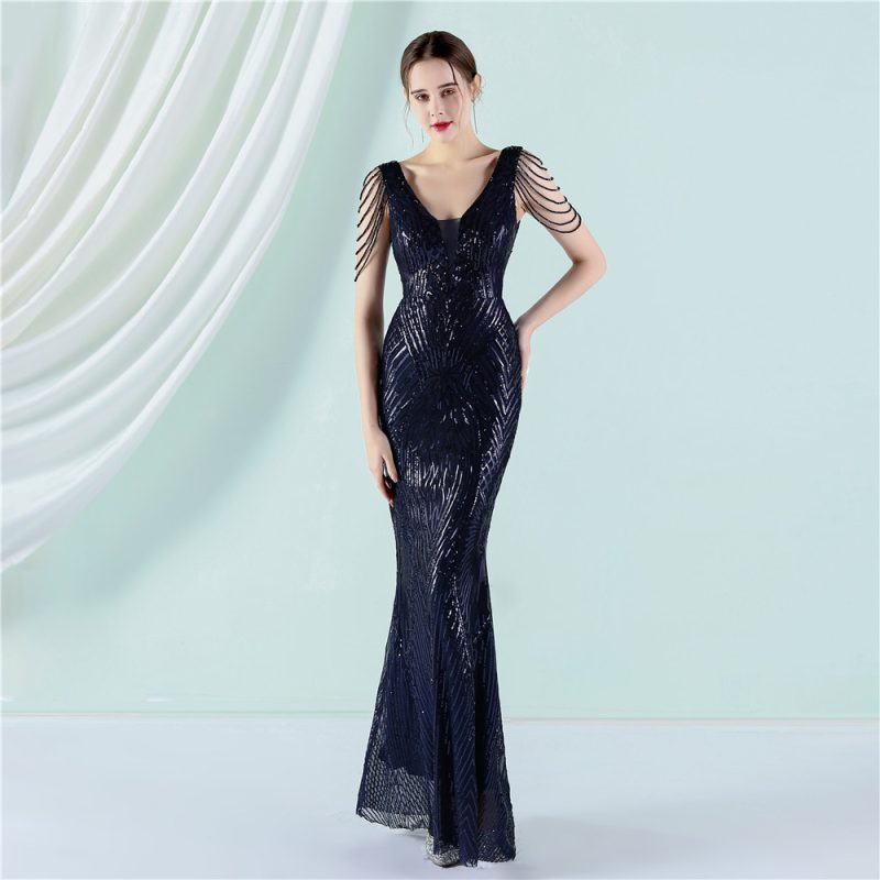 Elegant Floral Sequin Fishtail Gown - Image 2
