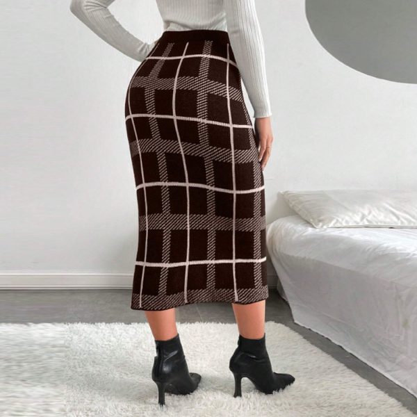 Elastic High-Waist Plaid Slit Skirt - Image 2