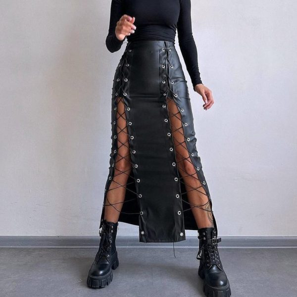 Spring Faux Leather Lace-Up Skirt - Image 3