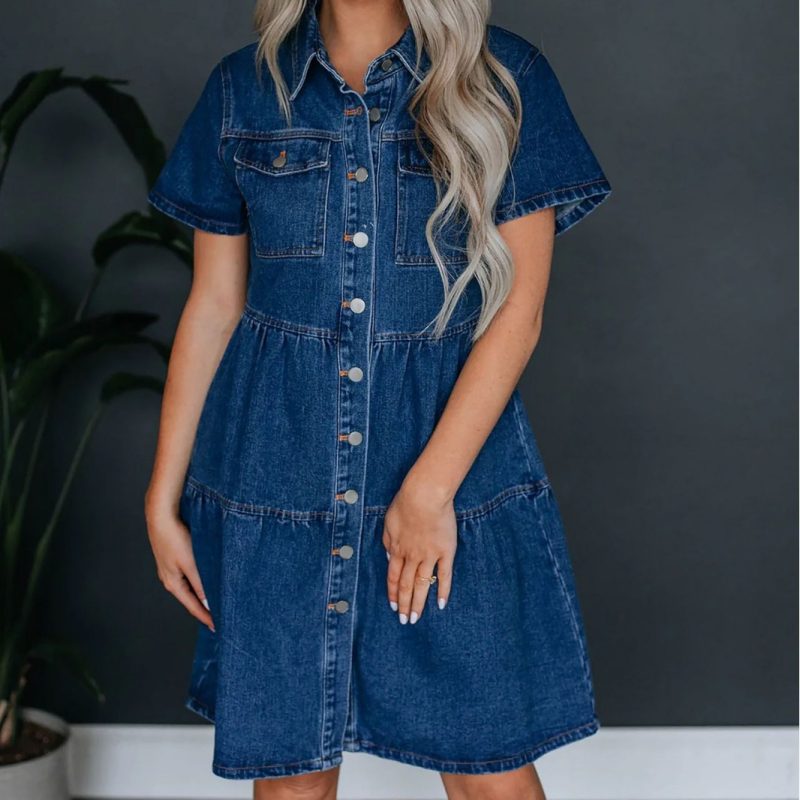 Casual Collared Denim Dress - Image 2