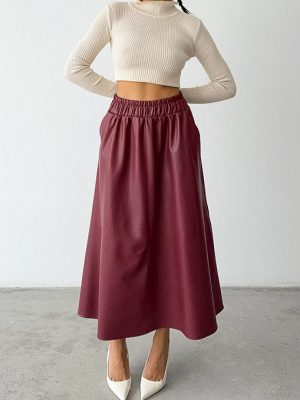 Wine Red Fleece-Lined Leather Skirt