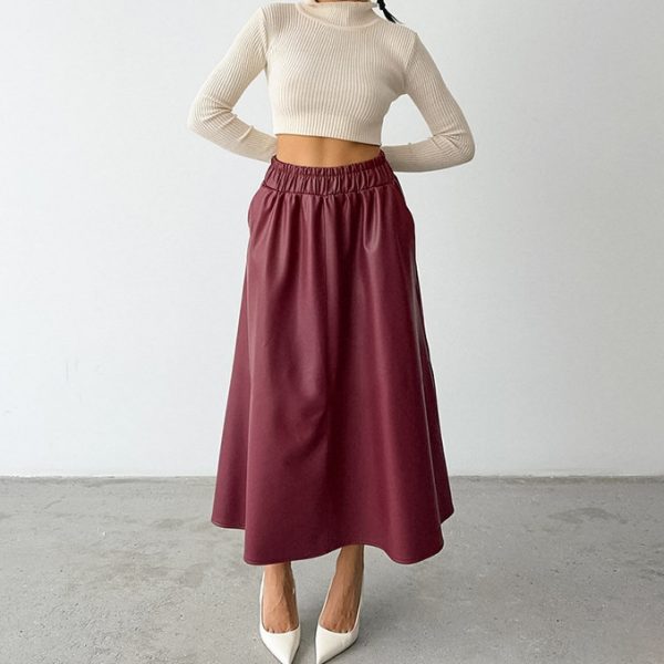 Wine Red Fleece-Lined Leather Skirt