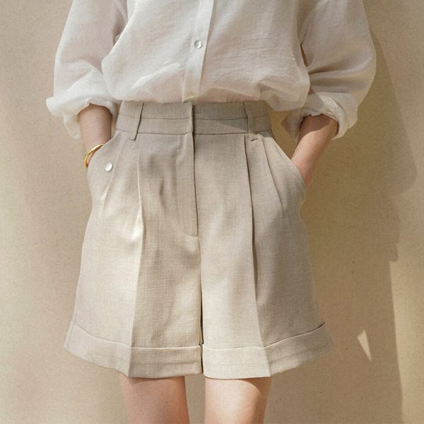 Women's High Waist Linen Shorts with Pockets