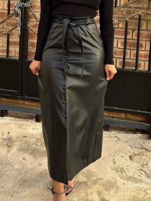 Black Faux Leather Mid-Length Skirt