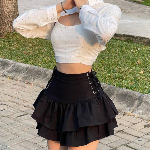 Double Layer Lace-Up Waist Skirt