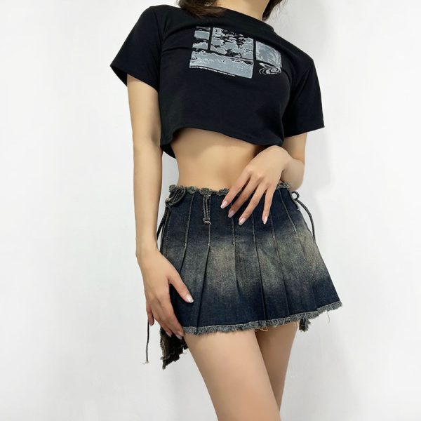 Women's High Waist Frayed Denim Skirt - Image 2