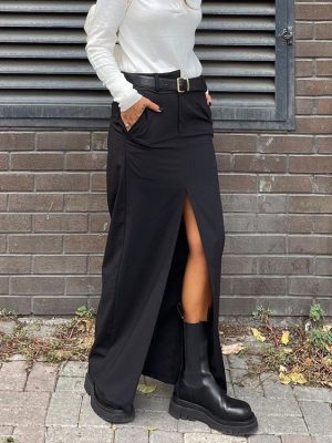 Black Split Satin Long Skirt