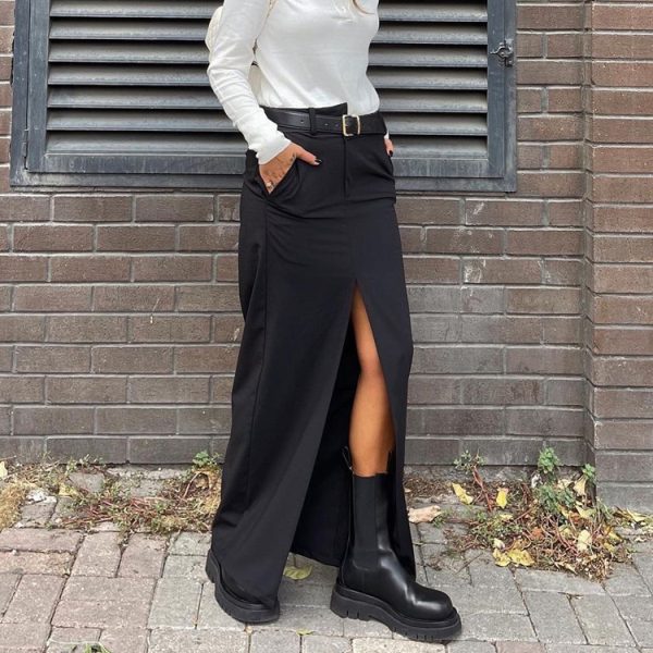 Black Split Satin Long Skirt