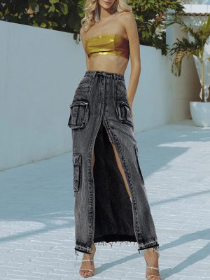 High-Waist Slit Denim Skirt