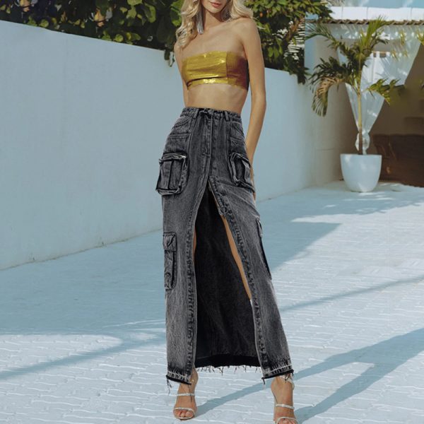 High-Waist Slit Denim Skirt