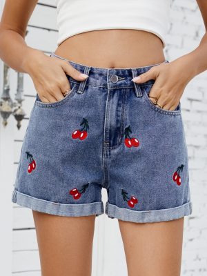 Women’s Cherry Embroidered Denim Shorts