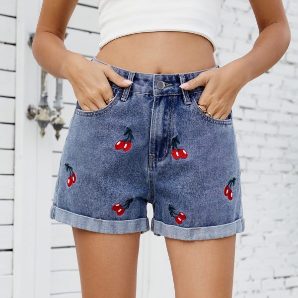 Women's Cherry Embroidered Denim Shorts