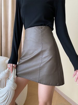 French High Waist Leather Skirt