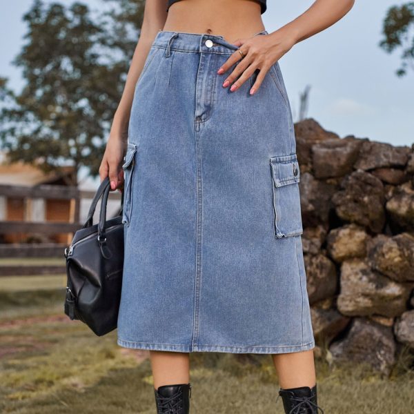 Washed Denim Midi Skirt for Work - Image 2