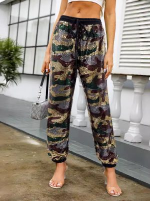 Camouflage Sequined High-Waist Pants