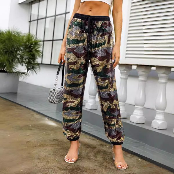 Camouflage Sequined High-Waist Pants